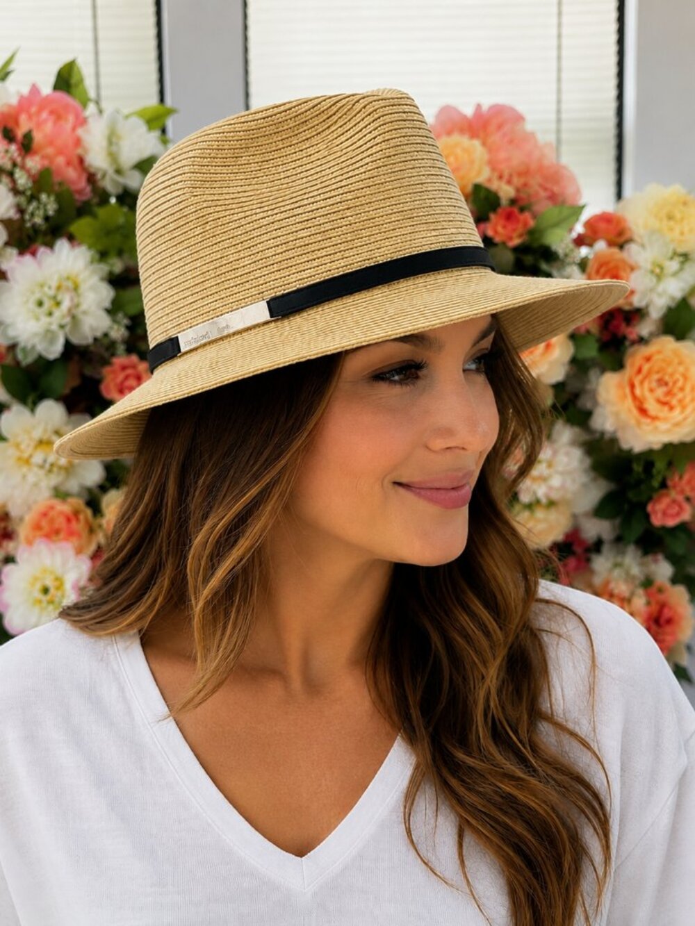 Calvin Klein Wide Brim Paper Straw Fedora Hat Tan Black Band Resort Coastal